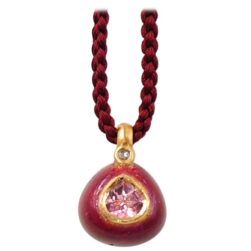 Scrives Pink Tourmaline Double Side Lotus Mina Kari Enamel 23 Karat Gold Pendant