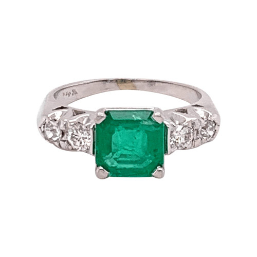 Vintage 14k White Gold 1.34ct Genuine Natural Emerald and Diamond Ring '#J4835'