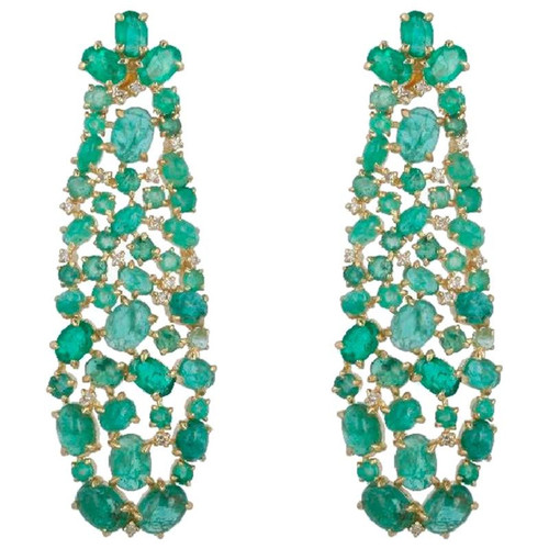 Emerald and Diamond Chandelier Earrings in 18 Karat Gold and Silver Setting