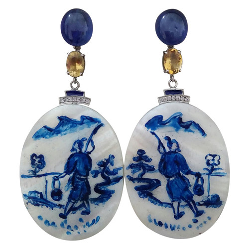Vintage Painted Mother of Pearl Gold Diamonds Sapphires Citrine Enamel Earrings