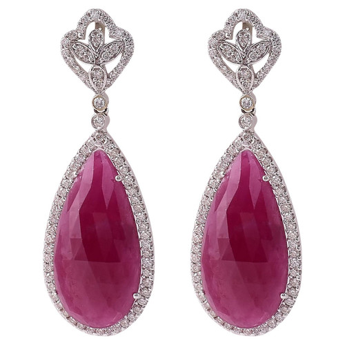 18 Karat White Gold 22.78 Carat Ruby and Diamond Drop Earrings