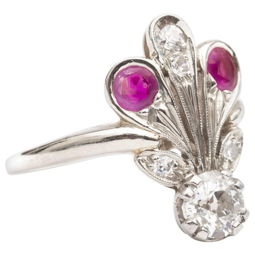 Diamond and Ruby Peacock Ring, 14 Karat Gold