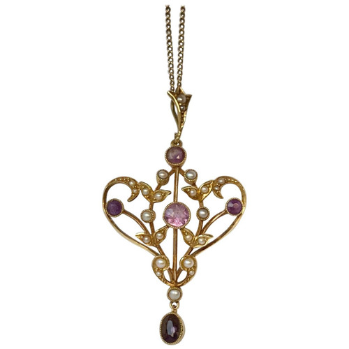 Art Deco Amethyst and Seed Pearl 9 Carat Gold Pendant