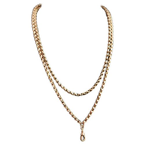 Antique 9 Karat Yellow Gold Longuard Chain Necklace, Muff Chain, Fancy Link