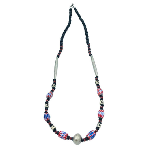 Tribal Red White Blue Painted Bead Necklace Mali, Africa