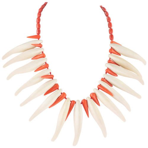 Intini Jewels Bamboo Coral Bone Sterling Silver Tribal Warrior Fangs Necklace