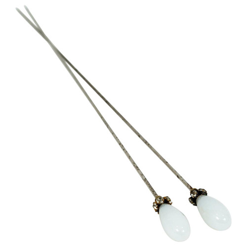 Set of Two Extra Long Victorian Milk Glass Teardrop Hat Pins with Crystals, 1900