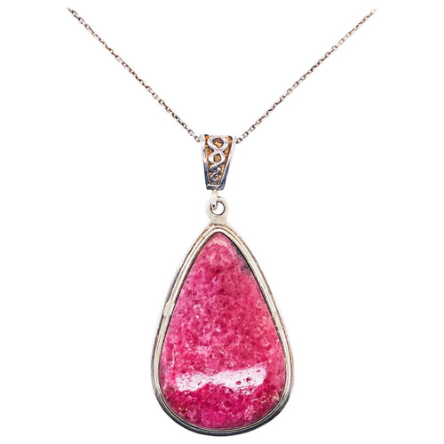 Pear Rhodonite Pendant with Sterling Bezel and Chain, Genuine Rhodonite Gemstone
