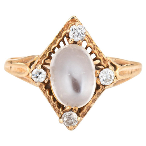 Vintage Art Deco Moonstone Diamond Ring 14k Yellow Gold Estate Fine Jewelry 6.75