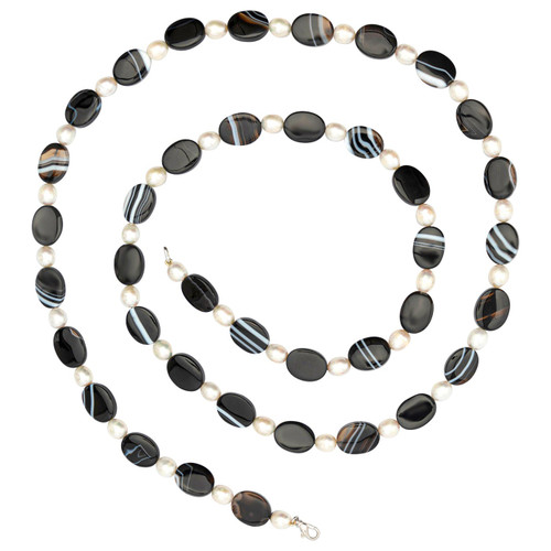 Intini Jewels Black White Oval Tube Agate Beaded Boho Long Wrap Around Necklace