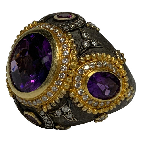 18th Century Victorian (Style) Custom Amethyst / Diamonds 18k Gold Silver Ring