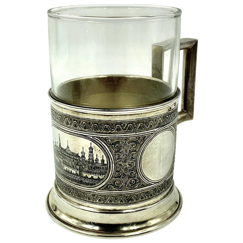 Antique Russian Silver Niello Moscow Panorama of the Kremlin Tea Glass Holder
