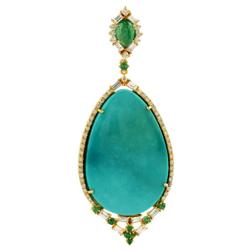 Sliced Turquoise, Diamond and Emerald Pendant in 18K Yellow Gold