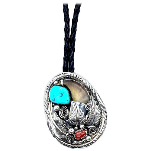 JW TOADLENA Native American Bear Bolo Tie with Turquoise and Coral 4