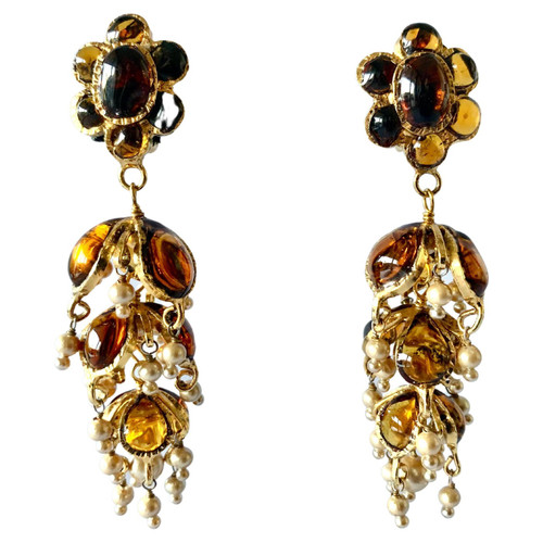 Vintage Chanel Topaz and Pearl Anglo-Indian Statement Earrings
