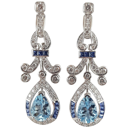 Aquamarine with Blue Sapphire and Diamond Earrings Set in 18 Karat White Gold