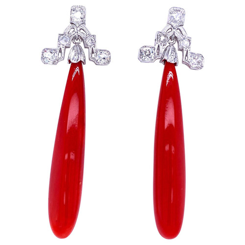 Art Deco Sardinian Coral Diamond Gold Drop Earrings
