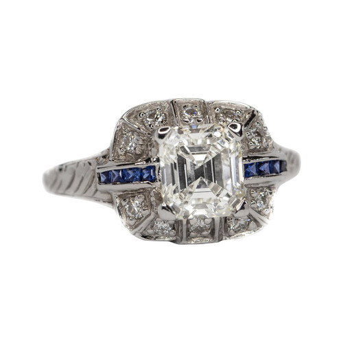 1920s 1.66 Carat Asscher Cut Diamond and Sapphire Engagement Ring, 18 Karat Gold