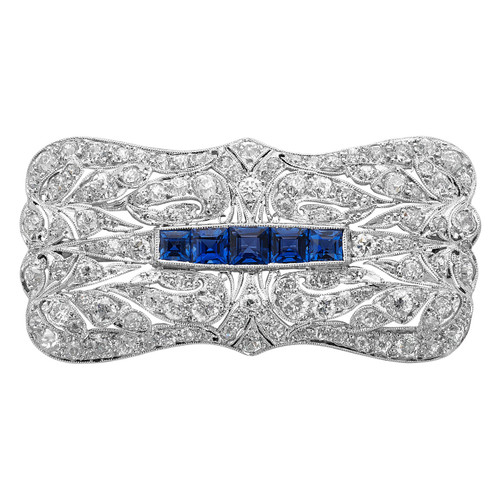 Art Deco Platinum 4.0 Carat Diamond and Sapphire Pin