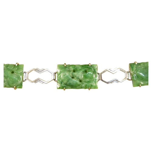 Art Deco Carved Jade Link Bracelet in 9ct White Gold in Original Box