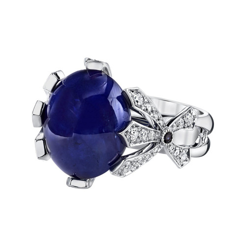 GIA Certified 16.11 Ct Cabochon Sapphire 18 Karat White Gold,0.42 Ct Diamonds