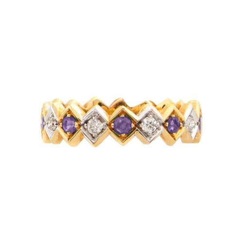 Art Deco Style 18 Karat Yellow Gold 0.08 Karat White Diamond Amethyst Band Ring