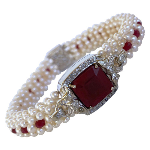 Marina J Woven Pearl, Ruby & Diamond Encrusted Bracelet with 14k White Gold