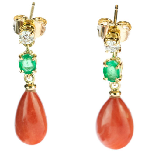 Intini Jewels Coral Tear Emerald Diamond 18 Karat Yellow Gold Bold Drop Earrings