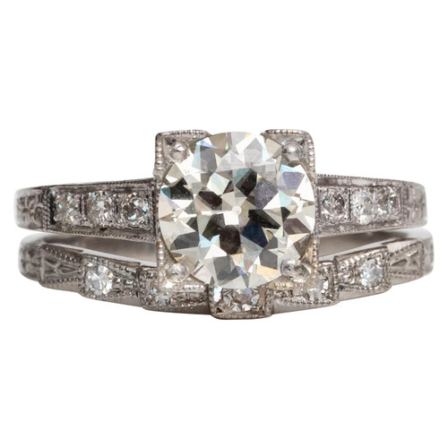 Vintage Art Deco Platinum 1.42 Carat Old European Cut Diamond Wedding Set