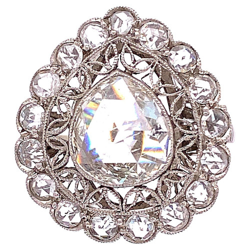 1.5 Carat Rose Cut Diamond Platinum Cocktail Ring Estate Fine Jewelry
