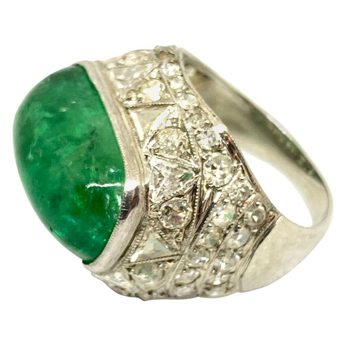 Art Deco Emerald Platinum White Diamond Cocktail Dome Ring