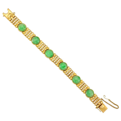 Certified Natural Green Jadeite Jade, Diamond & 18K Yellow Gold Estate Bracelet