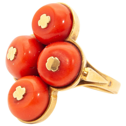 14K Yellow Gold Red Coral Ring and Earrings, Jewelry Set