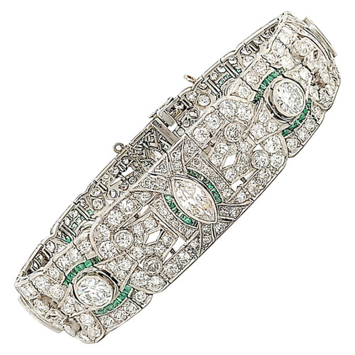Antique Diamond Emerald Platinum Bracelet