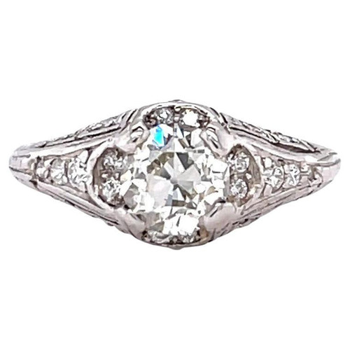 Art Deco GIA 0.90 Carat Old European Cut Diamond Platinum Engagement Ring