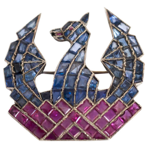 Vintage Phoenix Bird Ruby and Sapphire Pin