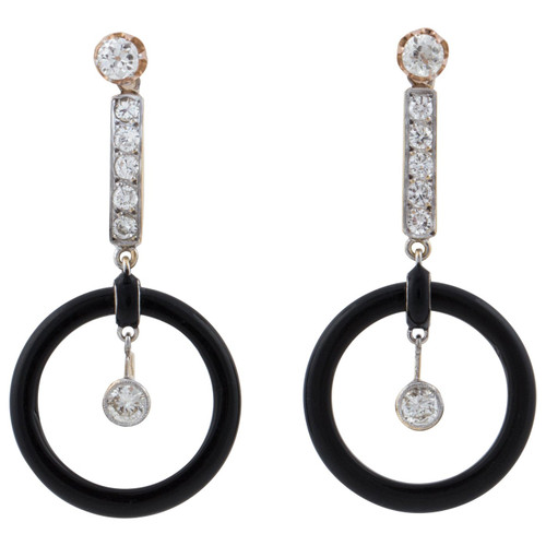 Art Deco 18 Karat Onyx and Diamond Drop Earrings