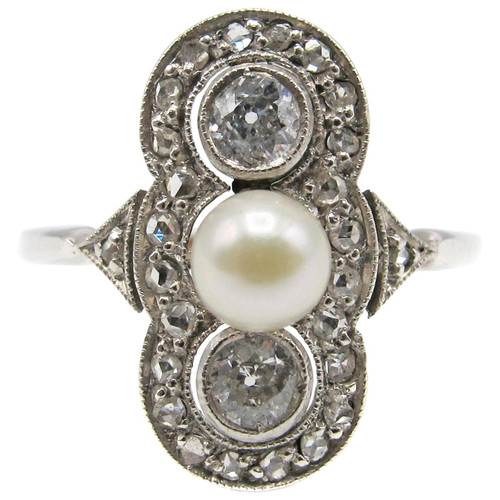 Art Deco Diamond Pearl Gold Ring