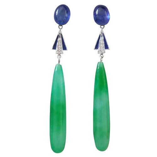 Art Deco Style Gold Blue Sapphire Diamonds Enamel Engraved Jade Drops Earrings