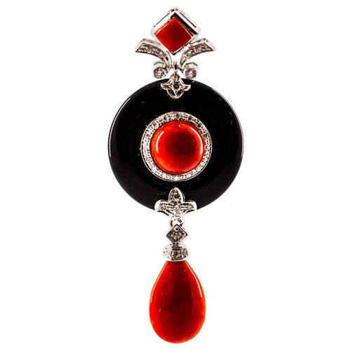 Art Deco Style Sardinia Red Coral White Diamond Onyx White Gold Pendant Necklace