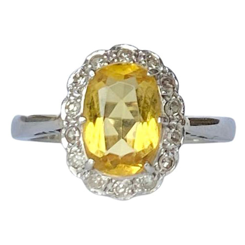 Art Deco Yellow Sapphire and Diamond Platinum Cluster Ring