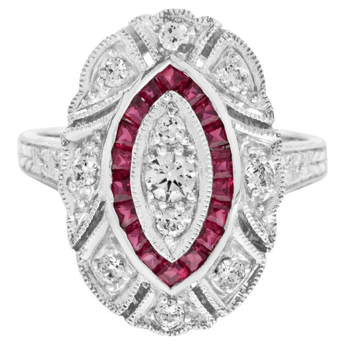 MajestÃ© Art Deco Style Diamond with Ruby Accent Cocktail Ring in 18K White Gold