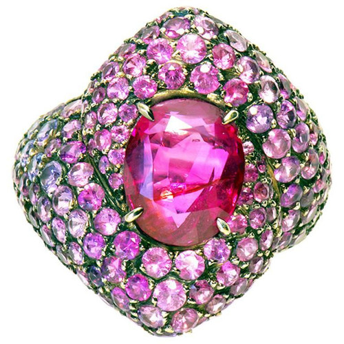 3,58 Carats Pink Ruby Ring Set With 5,94 carats Pink and Purple Sapphires Pavage