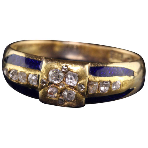 Antique Art Deco 18 Karat Yellow Gold Old Mine Cut Diamond Enamel Ring