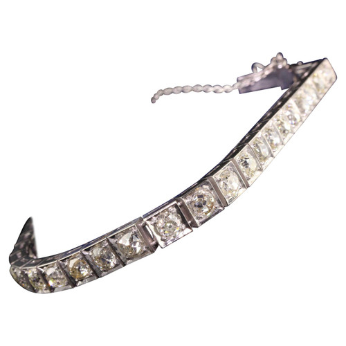Antique Art Deco 14K White Gold Old Mine Cut Diamond Line Bracelet