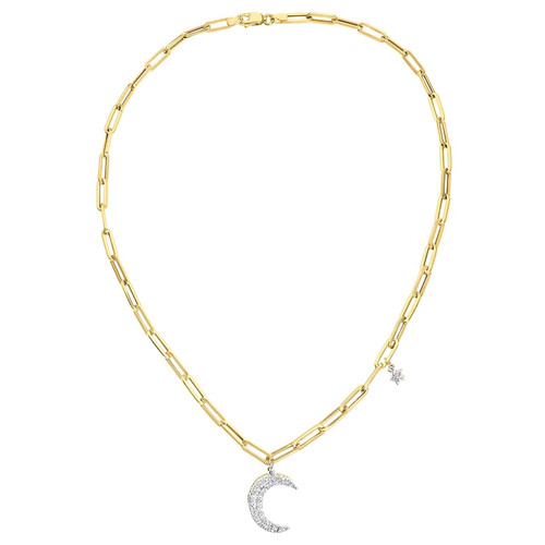14K Yellow Gold 0.60 Carat Diamond Moon and Star Charms Cable Chain Necklace