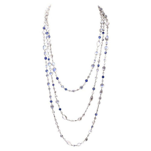 Vintage Moon Stone Diamond Sapphire Long Necklace Chain