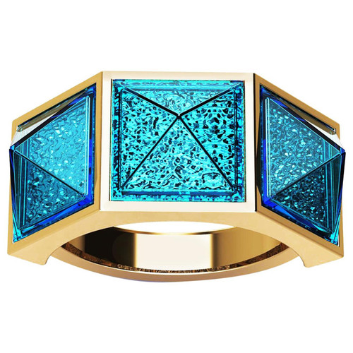 Swiss Blue Topaz Pyramids Ocean Deep Water 18K Yellow Gold Ring