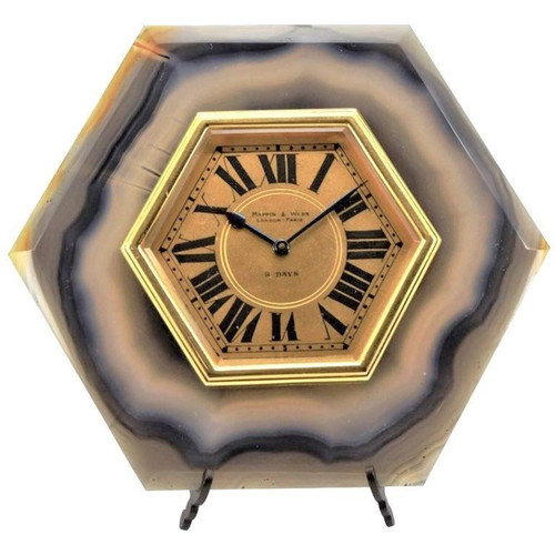 Mappin & Webb Agate and Gilded Brass Art Deco Style Desk Clock