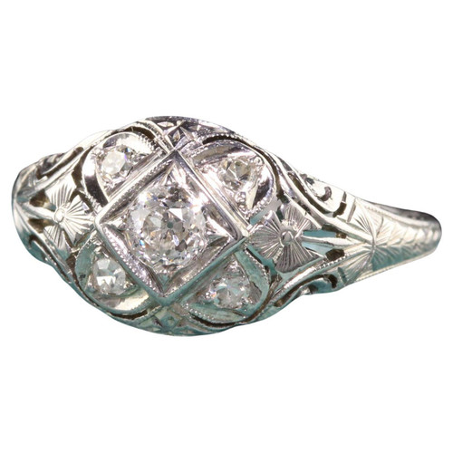 Antique Art Deco Barth 18K White Gold Old European Diamond Ring